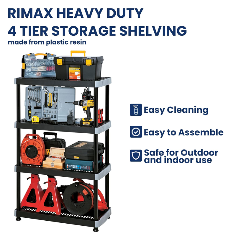 Rimax® 4-Tier Heavy Duty Plastic Shelving Unit, Black