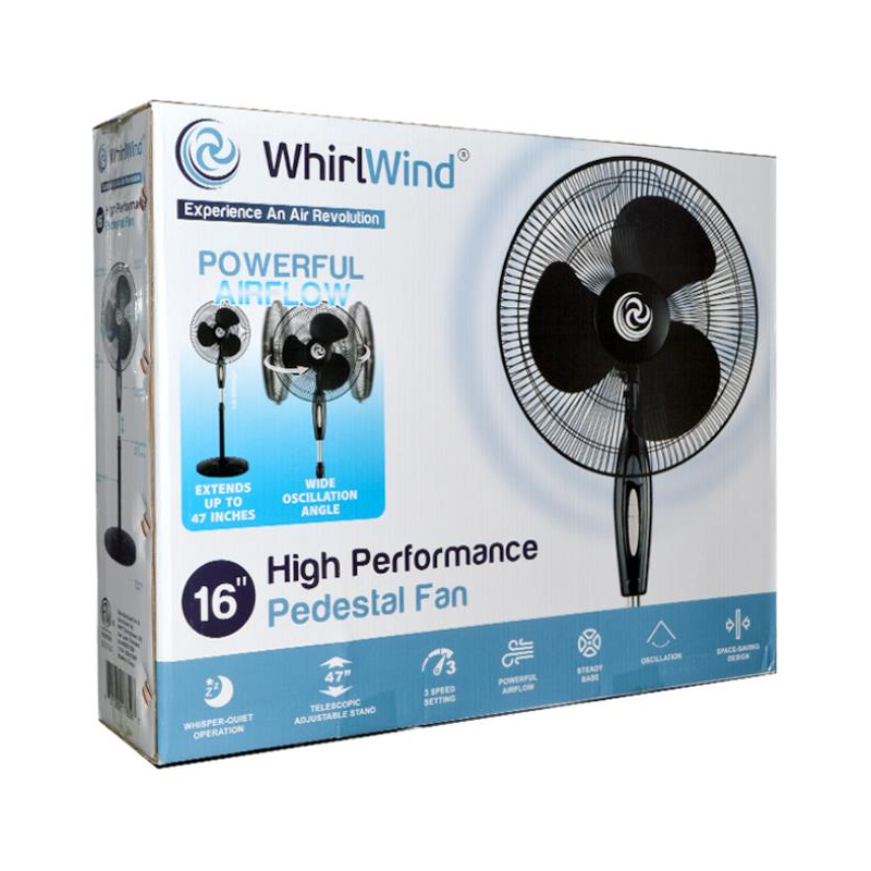 Whirlwind 16" High Performance 3-Fin Pedestal Fan, Black (metal)