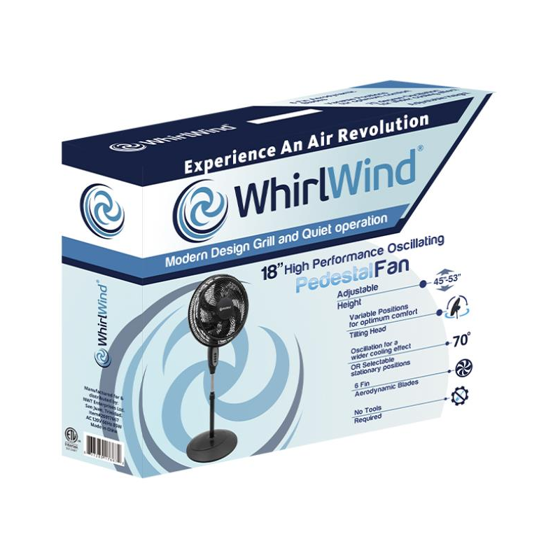 Whirlwind 18" High Performance 6-Fin Pedestal Fan, Black (plastic)